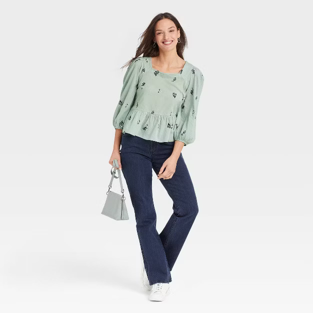 Women's Balloon 3/4 Sleeve Embroidered Peplum Blouse - Universal Thread™ Floral | Target