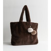 Brown Faux Fur Pom Pom Tote Bag New Look | New Look (UK)