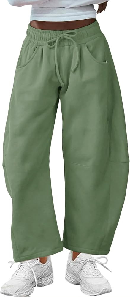 Hongsui Women's Barrel Leg Pants Elasticated Waistband Soft Wide Leg Pants with Pockets Casual Sw... | Amazon (US)
