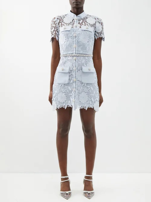 Self-portrait - Patch-pocket Guipure-lace Mini Dress - Womens - Light Blue | Matches (US)