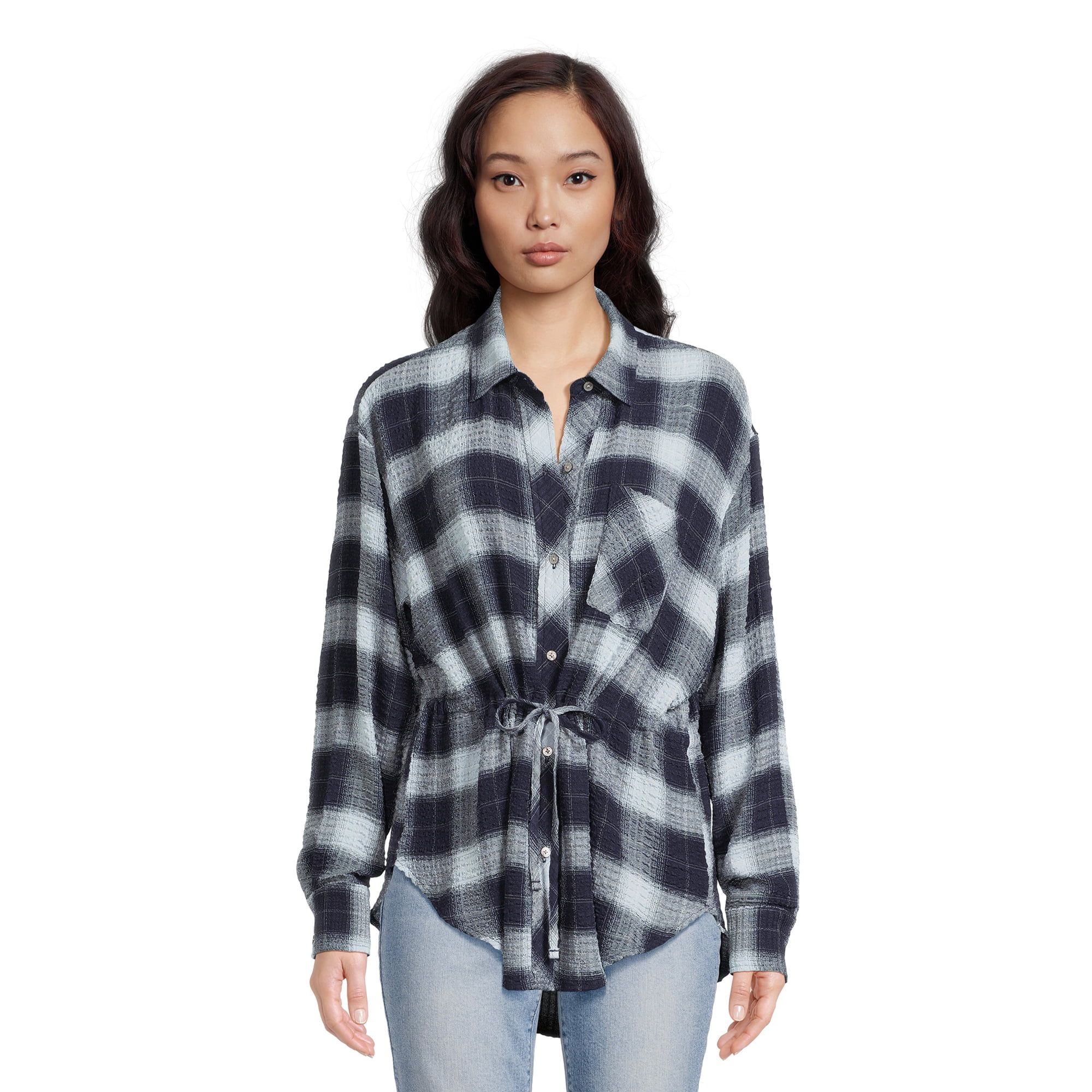 Time and Tru Women's and Women's Plus Button Down Drawstring Shirt with Long Sleeves | Walmart (US)