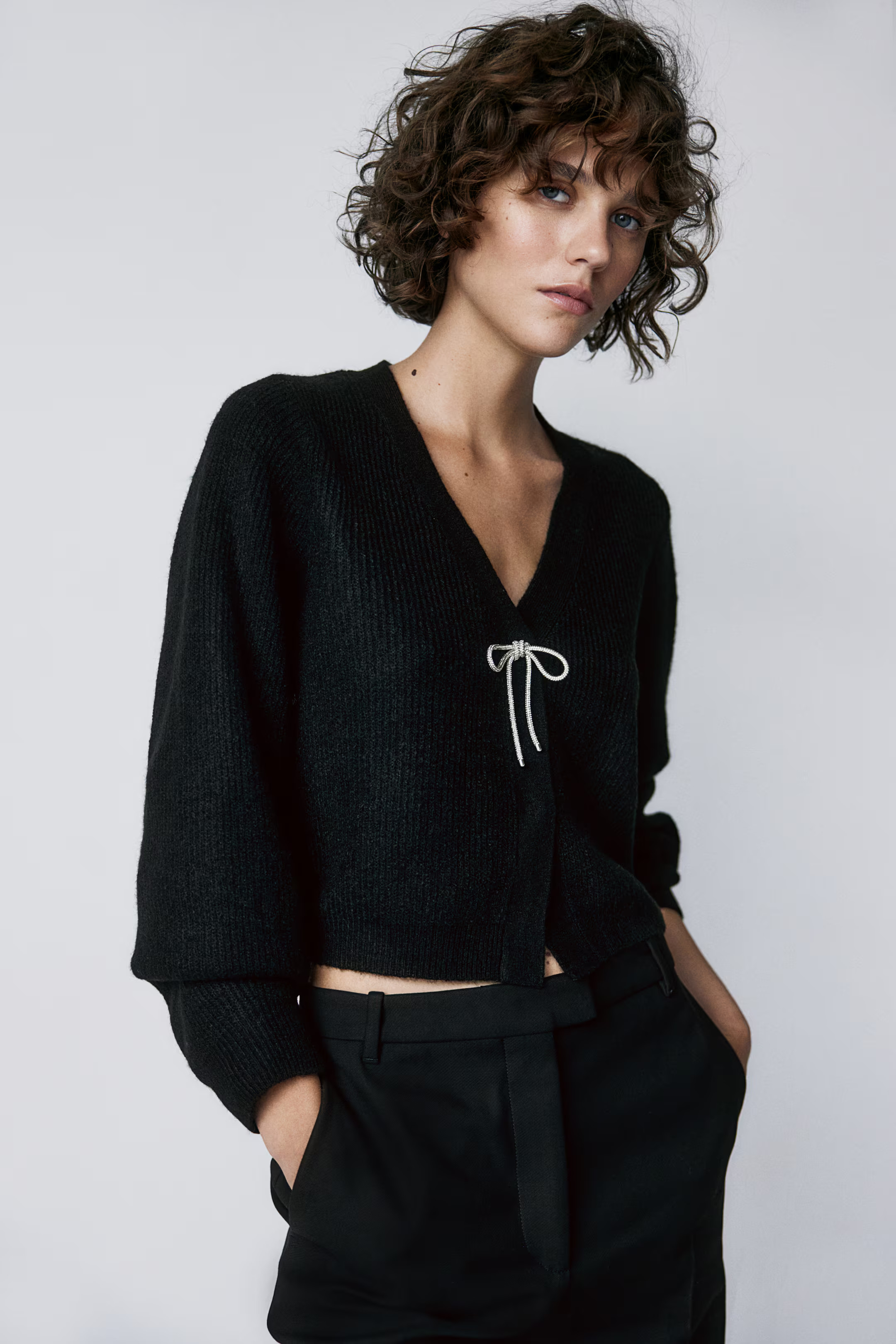Bow-Detail Rib-Knit Cardigan - Black - Ladies | H&M US | H&M (US + CA)