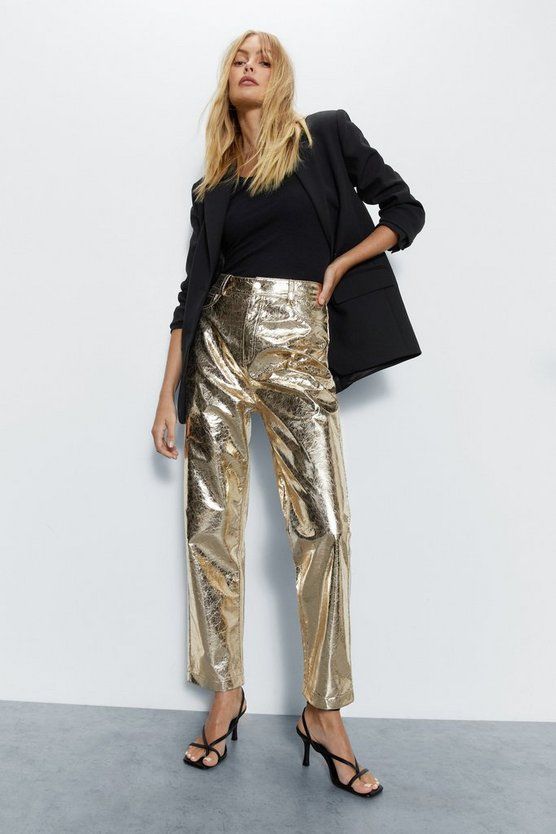 Crackle Faux Leather Straight Trouser | Warehouse UK & IE
