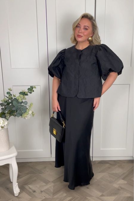 Wore this outfit on Christmas Eve Eve for a meal and drinks with the girls. 

This Arket satin skirt is the best purchase of 2023, I have 3 colours now 🖤

All items true to size. Bag is from Each Other, I purchased at TK Maxx. Earrings are Zara code 1856/338

#LTKmidsize #LTKSeasonal #LTKstyletip