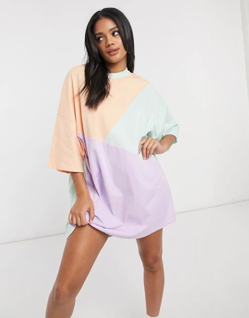 ASOS DESIGN oversized T-shirt dress with cut-about pastel color-block | ASOS (Global)