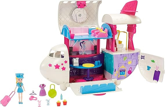 Pocket Fabulous Flying Jet with 3-in Polly Doll and Extra Dress, Hanger, Luggage, Plane Lounge Ar... | Amazon (US)