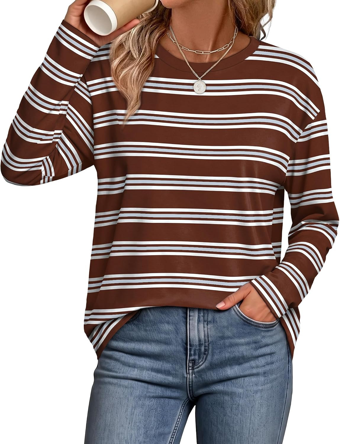 WIHOLL Long Sleeve Shirts for Women Stripe Tops Loose Oversized Fall Outfit | Amazon (US)