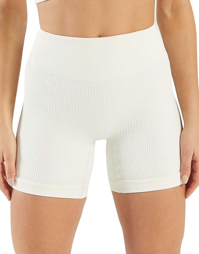 Women's Ribbed Workout Yoga High Waisted Leggings Short Sleeve Crop Top with Padded Stretch Sport... | Amazon (US)