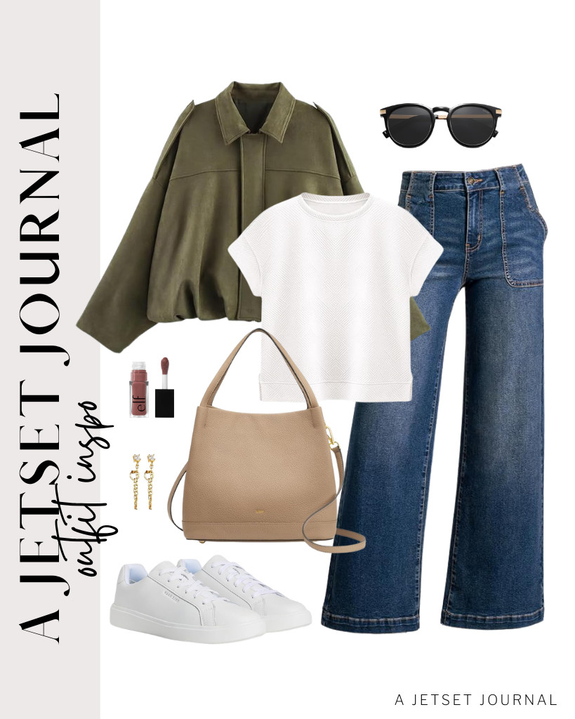 Try adding an army-green jacket over a white top for this relaxed, chic look. I’m still sticking with a Sidefeel wide-leg jeans and a good pair of sneakers. I love this soft leather bucket bag, too. 

 #LTKSeasonal #LTKSaleAlert #LTKTravel
