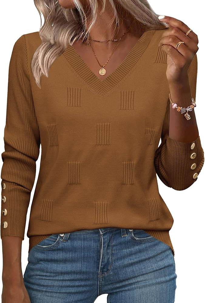 Zeagoo Womens V Neck Sweaters Shirts Long Sleeve Lightweight Ribbed Knit Pullover Sweater Blouse ... | Amazon (US)