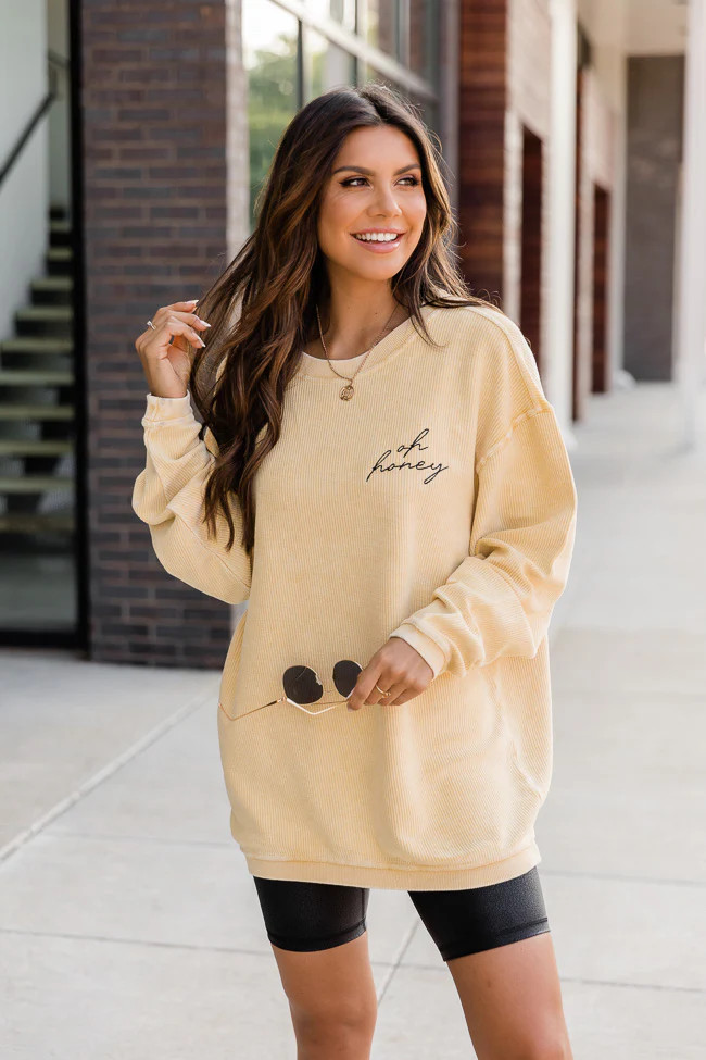 Oh Honey Embroidered Gold Corded Graphic Sweatshirt | The Pink Lily Boutique