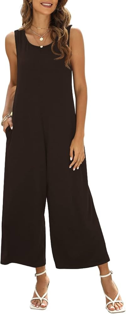 Nfsion Women's Summer Casual Loose Tank Jumpsuit Sleeveless Crewneck Jumpsuit Romper with Pockets | Amazon (US)