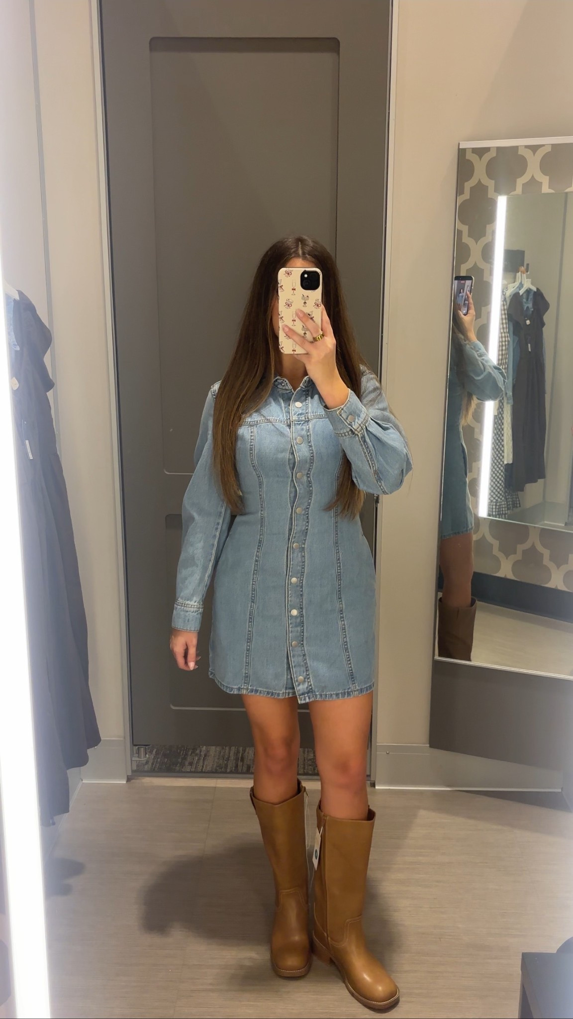 denim dress. long sleeve denim dress. western dress. country concert. leather boots. frye boots. target boots. tall leather boots 