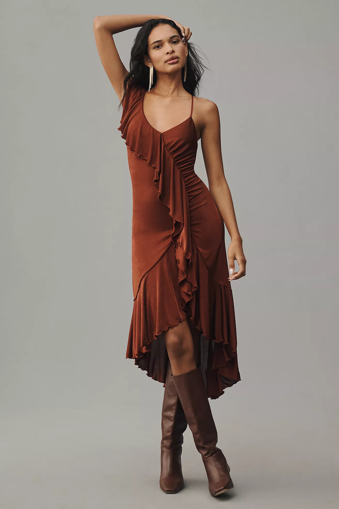 By Anthropologie One-Shoulder Ruffled High-Low Midi Dress | Anthropologie (US)