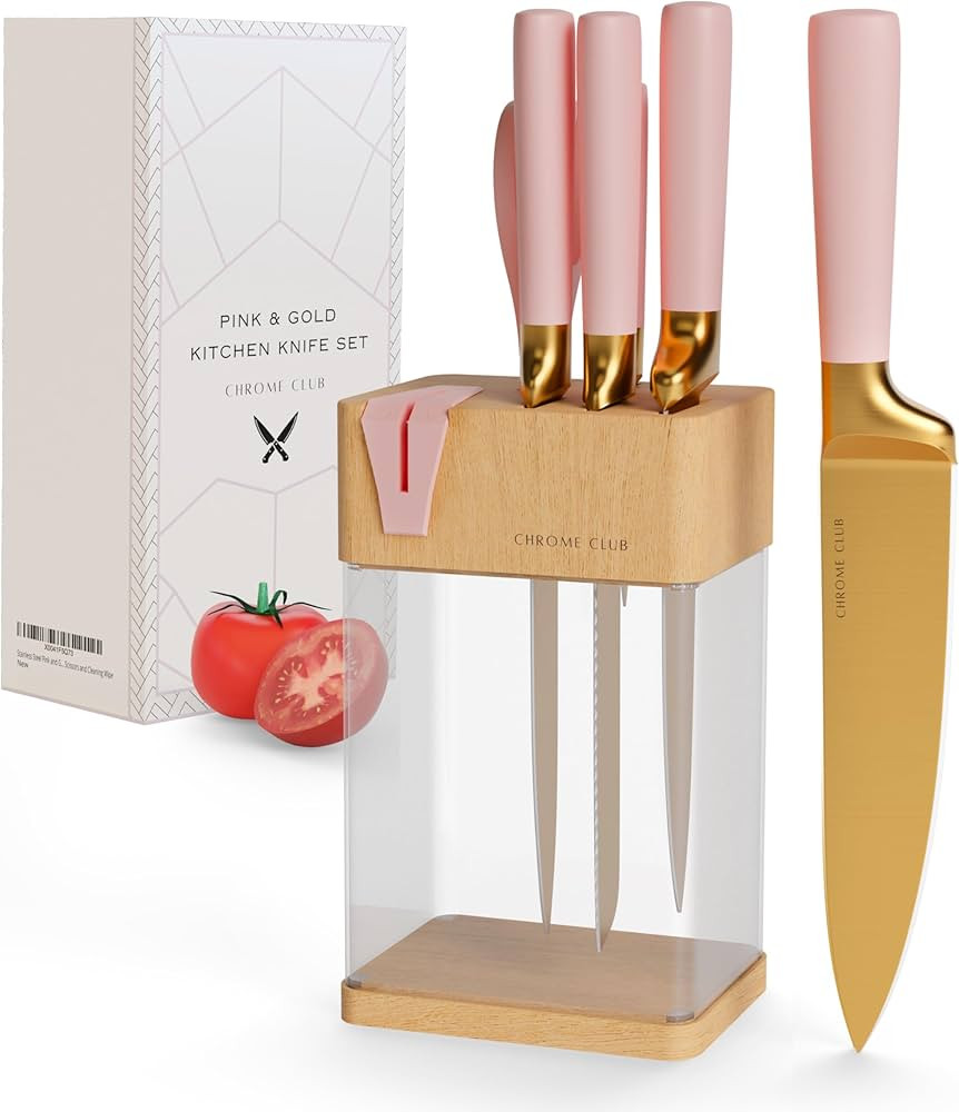 Stainless Steel Pink Knife Set with Block - 7 Piece Pink and Gold Knife Set with Durable Clear Kn... | Amazon (US)