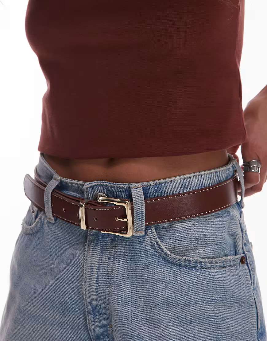 Mango classic square buckle belt in brown | ASOS (Global)