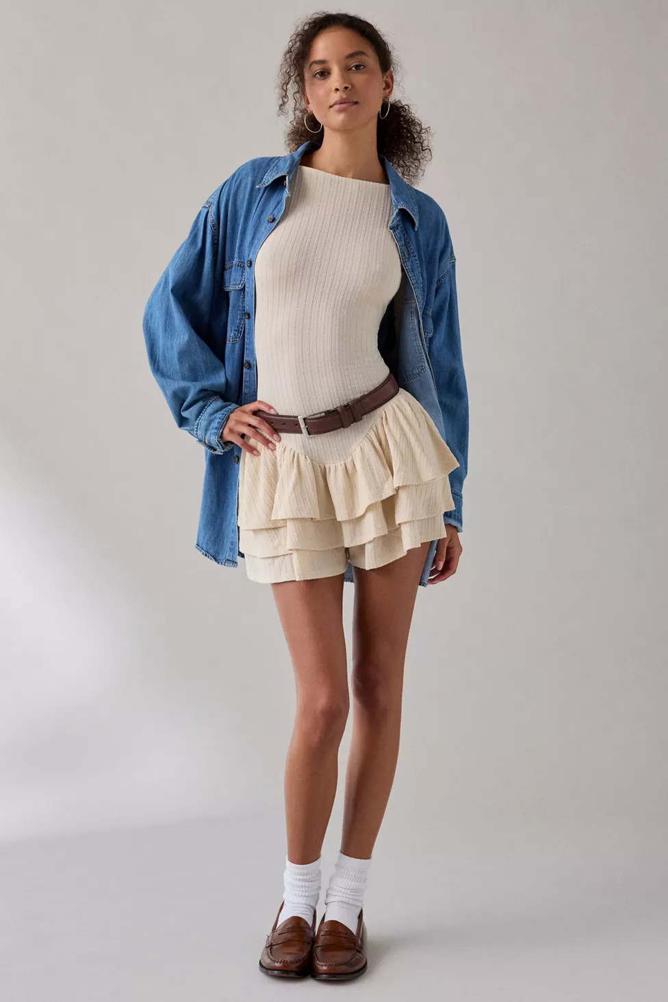 Kimchi Blue Ruffled Up Basque Waist Scoop Back Romper | Urban Outfitters (US and RoW)