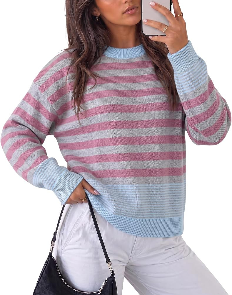 Fisoew Womens Sweater Striped Pullover Fall Loose Fit Knit Casual Tops | Amazon (US)