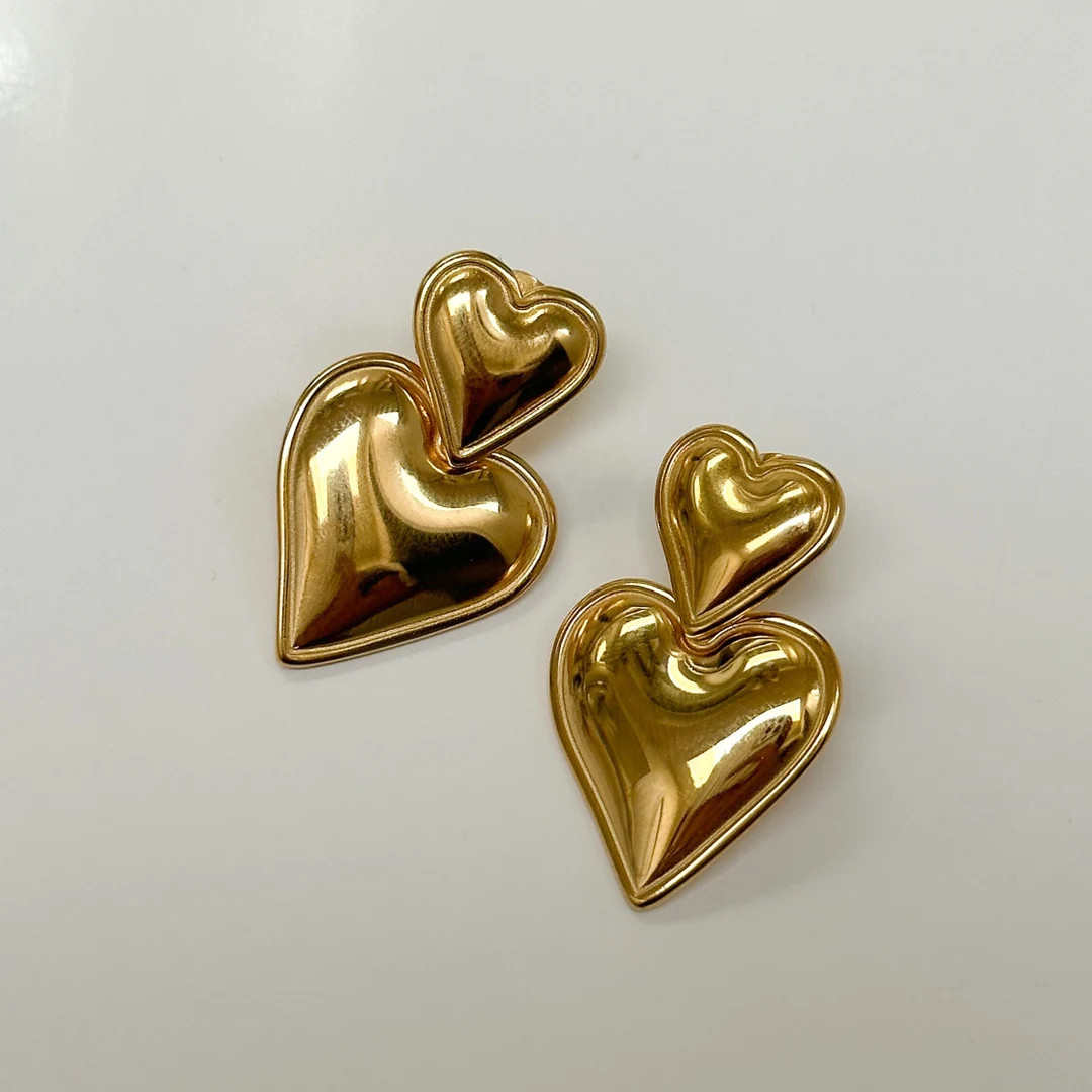 Puffed Heart Post Earrings Gold Heart Earrings Waterproof Stainless Steel Handmade Customized Gif... | Etsy (US)