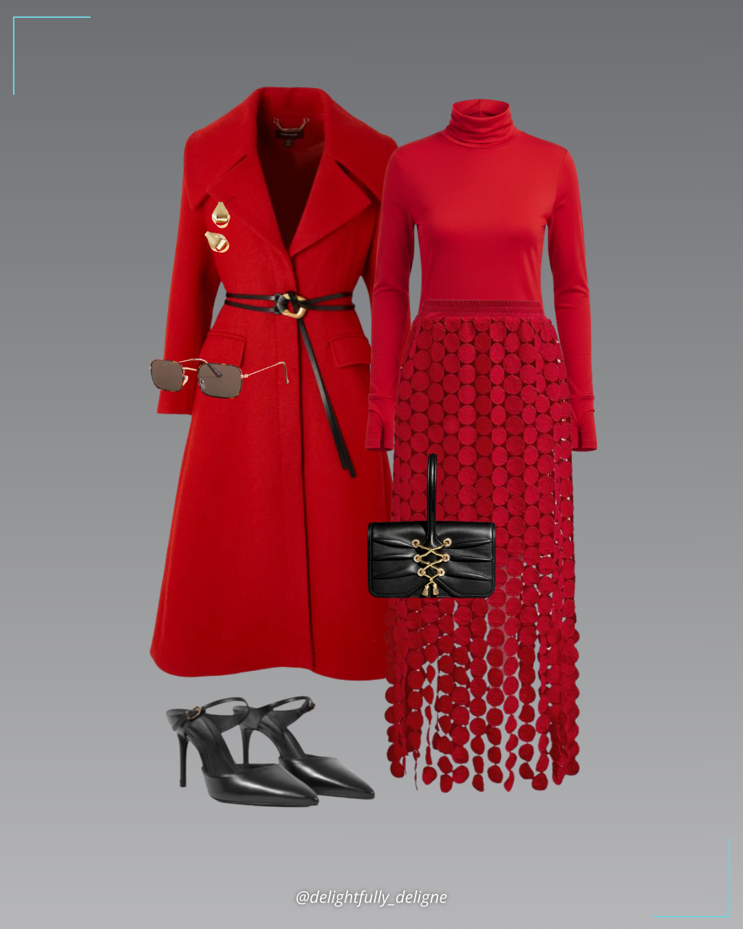 Love in Red ❤️🖤Red turtleneck, chic crochet circle fringe maxi skirt in red, wool shawl-collar belted tailored midi coat, mule leather pumps, lace-up wristlet, rectangle sunglasses & sculptural drop earrings. 

 #LTKgrwm #LTKootd #LTKOver40