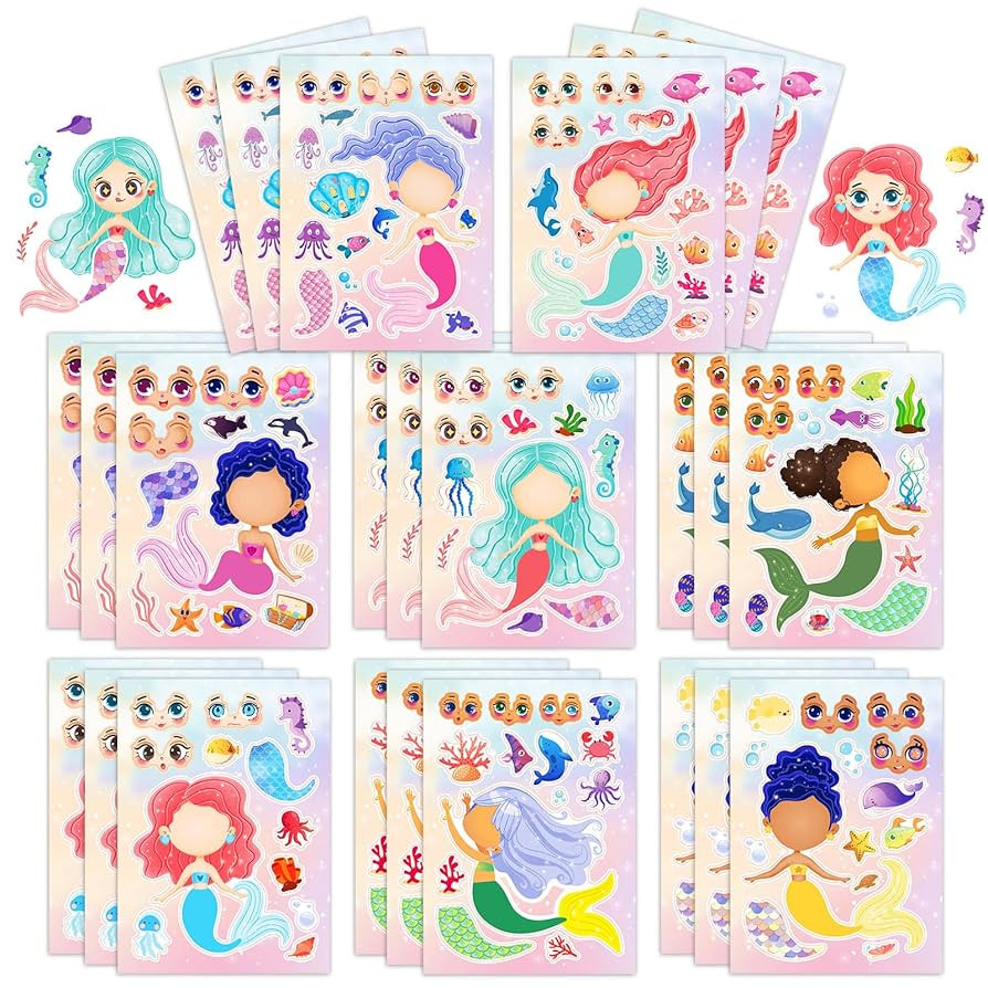24 Sheets 8.3''×5.9'' Make Your Own Mermaid Stickers for Toddlers Kids Party Favors, Make a Face... | Amazon (US)