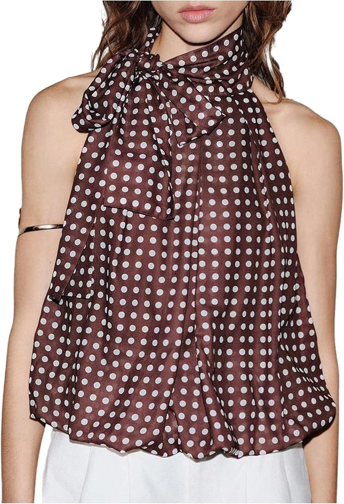 BEAUDRM Women's Polka Dots Halter Tops Classy Elegant Tie Neck Sleeveless Flowy Going Out Top | Amazon (US)