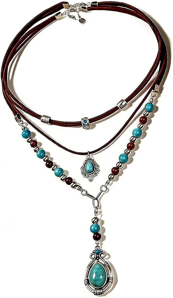 Rrdaily Layered Western Teardrop Turquoise Pendant Necklace for Women,Ethnic Boho Colorful Beaded... | Amazon (US)