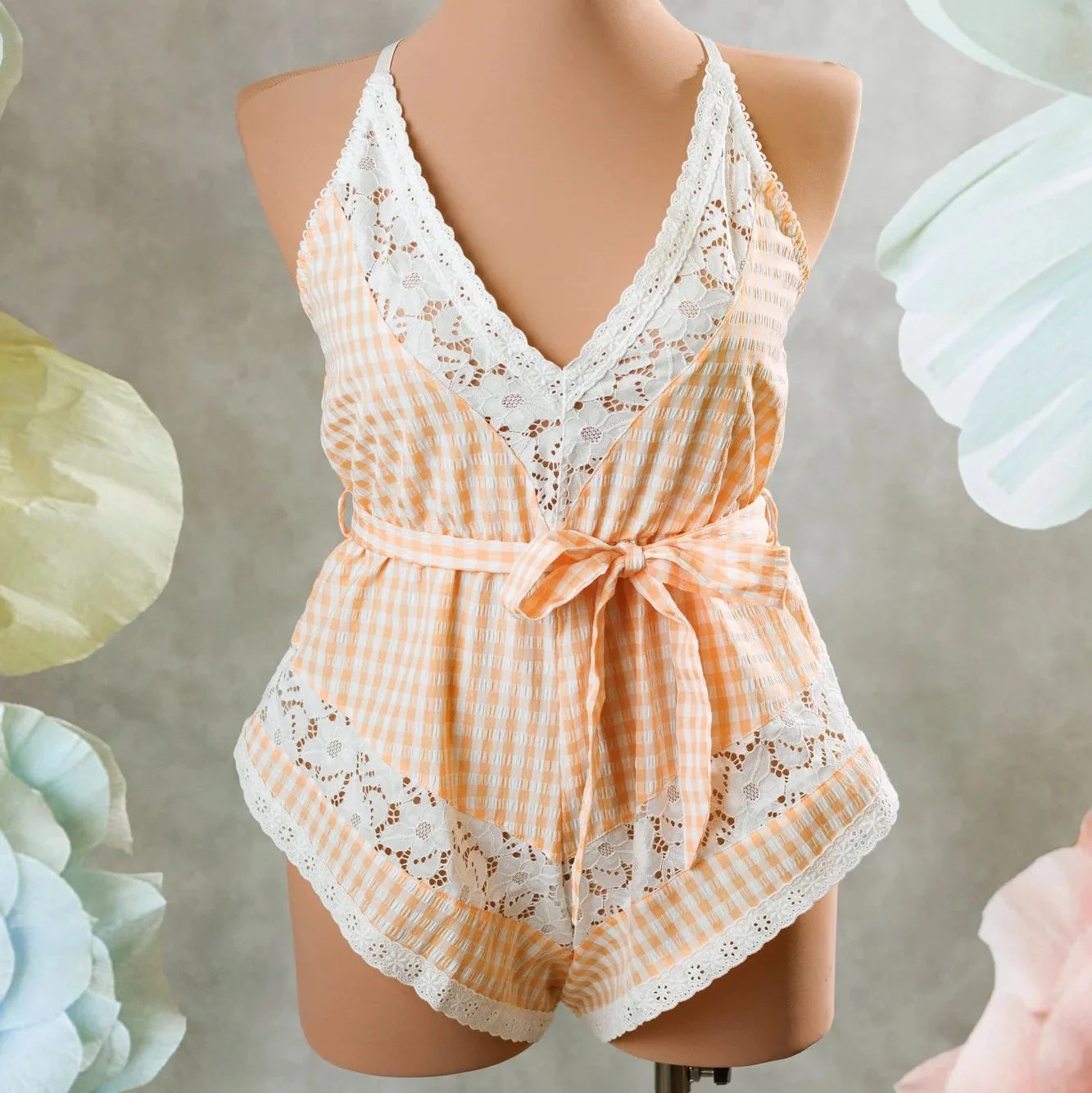 Gingham & Lace Romper - Peach | Mentionables