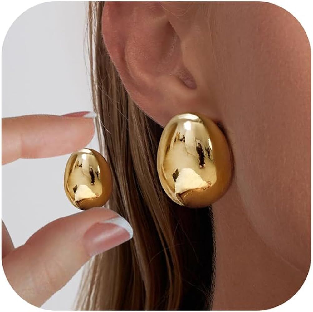 Risamil 2/3 Pairs Chunky Gold Earrings,14K Gold Plated Earrings Thick Oval Gold Stud Earrings Set... | Amazon (US)