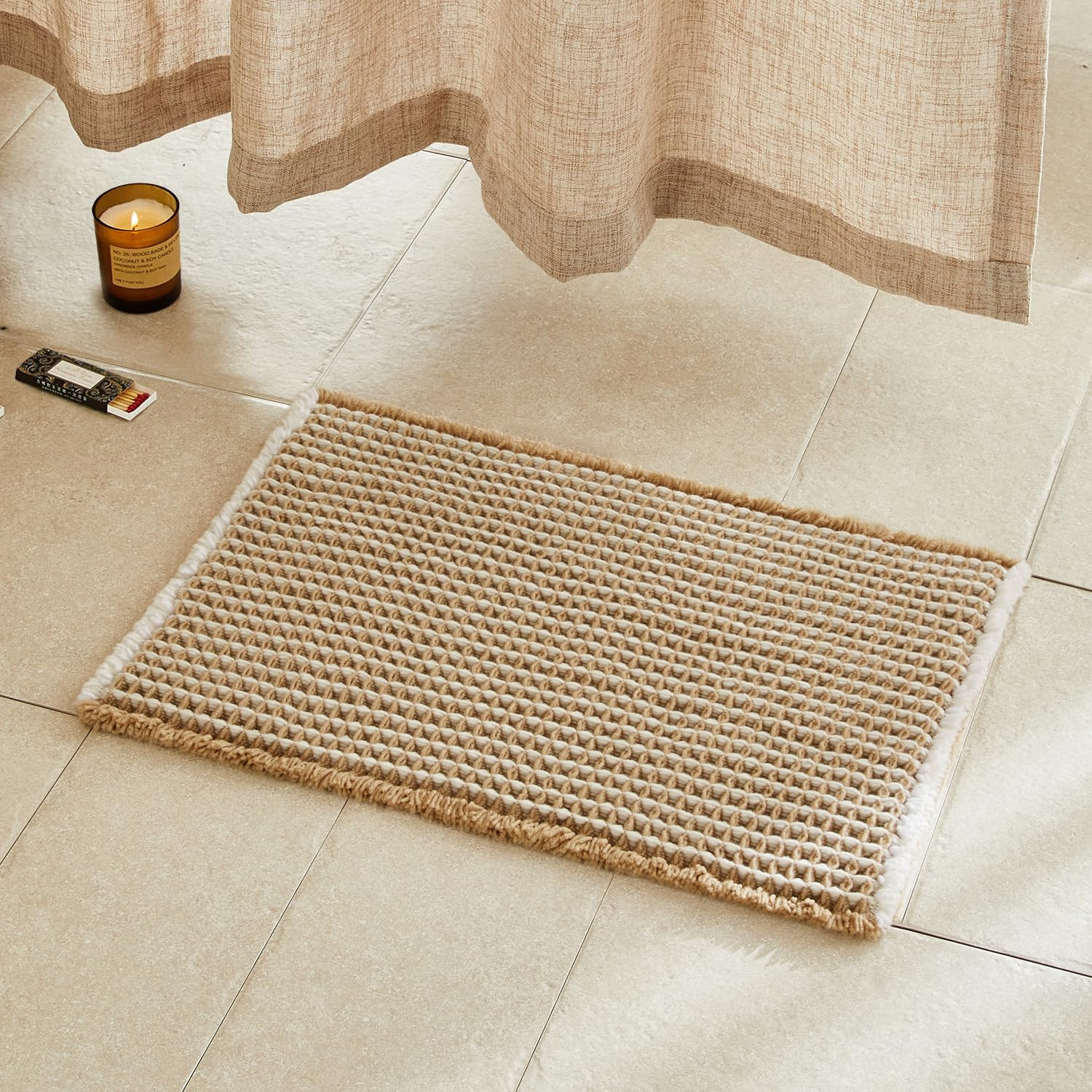 Waffle Bath Mat, Boho Bathroom Rugs Non Slip, 30x20 Khaki & White | Amazon (US)