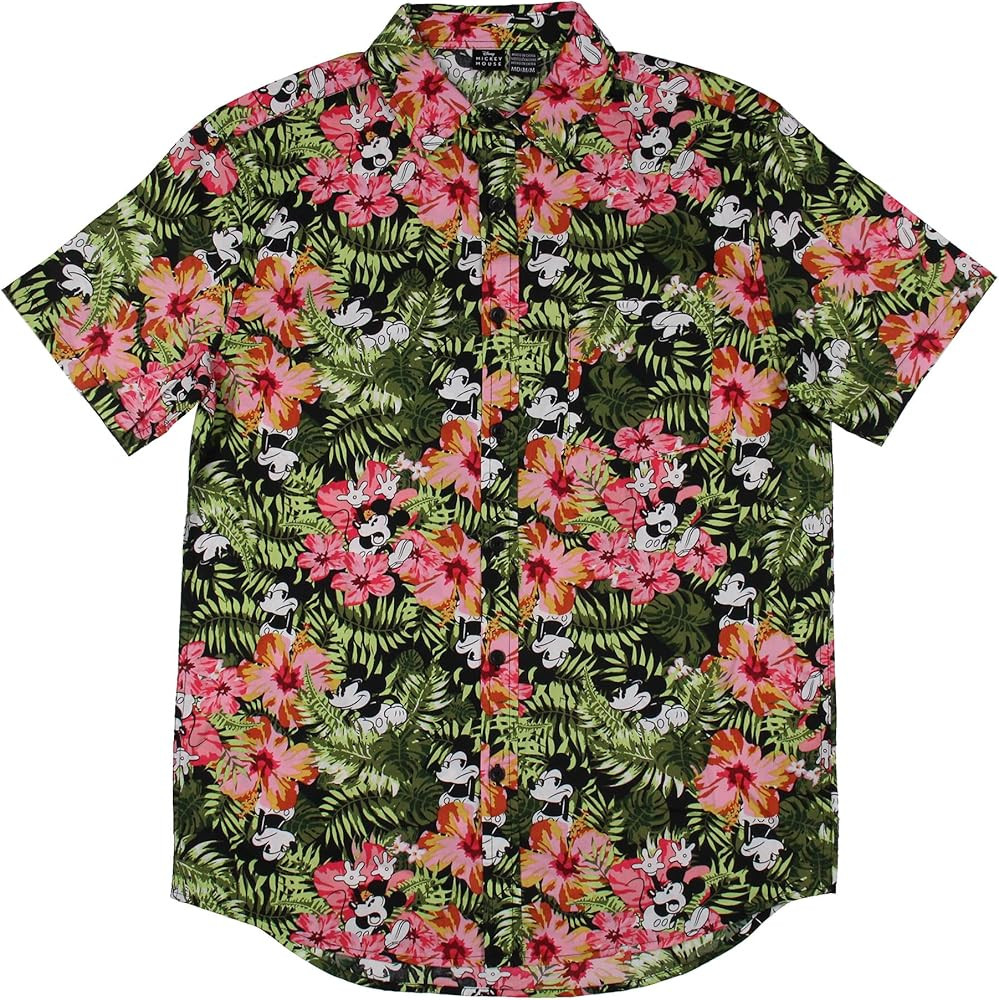 Disney Men's Mickey Mouse Floral Jungle Hawaiian Print Adult Button Down Shirt | Amazon (US)