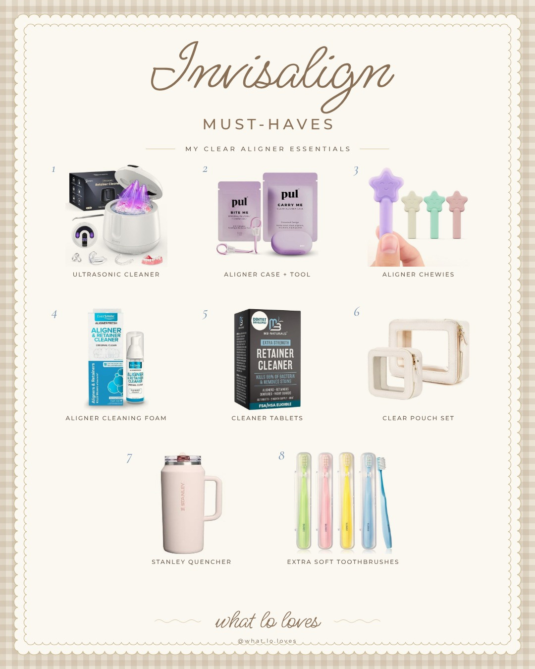 my invisalign must-haves 🤍 ultrasonic cleaner, aligner case + tool, chewies, cleaning foam, cleaner tablets, a pouch set to keep it all together and a big stanley for all the water. some of these are close matches to mine. the full list is in my shopmy invisalign collection!

#invisalign #clearaligners #amazonfinds #retainercleaner #aligneressentials 

 #LTKBeauty