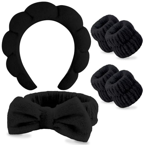 SPA Headbands for Washing Face Makeup Headbands with Bow Hair Band Women Facial Head Band Wrist Towel Wraps For Shower Face Mask Black, 6 Pack | Amazon (US)