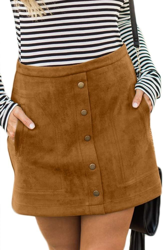 Meyeeka Women's Button Front Faux Suede High Waist A-line Mini Skirt with Pocket | Amazon (US)