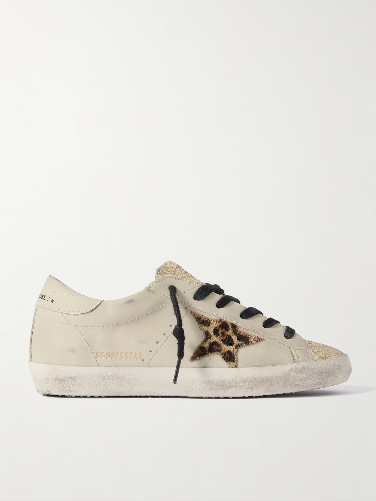 Golden Goose - Super-star Distressed Glittered Leather And Calf Hair Sneakers - Off-white | NET-A-PORTER (US)
