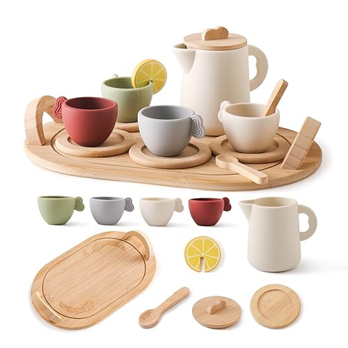 Youuys Wooden Tea Party Set for Toddler 3-5,Kids Tea Sets for Little Girls 4-6, 14pcs Silicone Kitchen Accessories, Pretend Play Montessori Toys with Tray for 3 4 5 6 Year Old Birthday | Amazon (US)