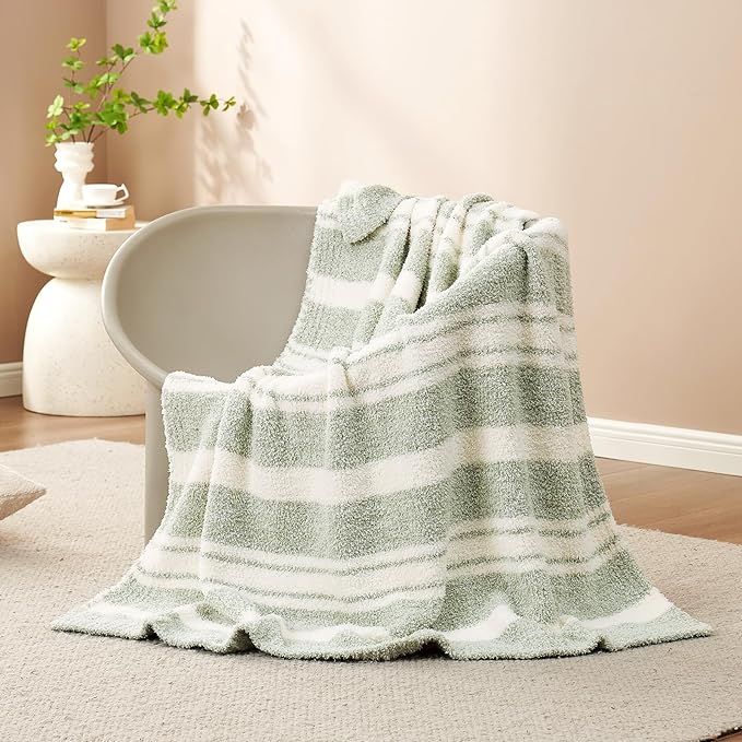 Snuggle Sac Stripe Sage Green Throw Blanket for Couch, Super Soft Warm Blankets Cozy Knit Fuzzy P... | Amazon (US)