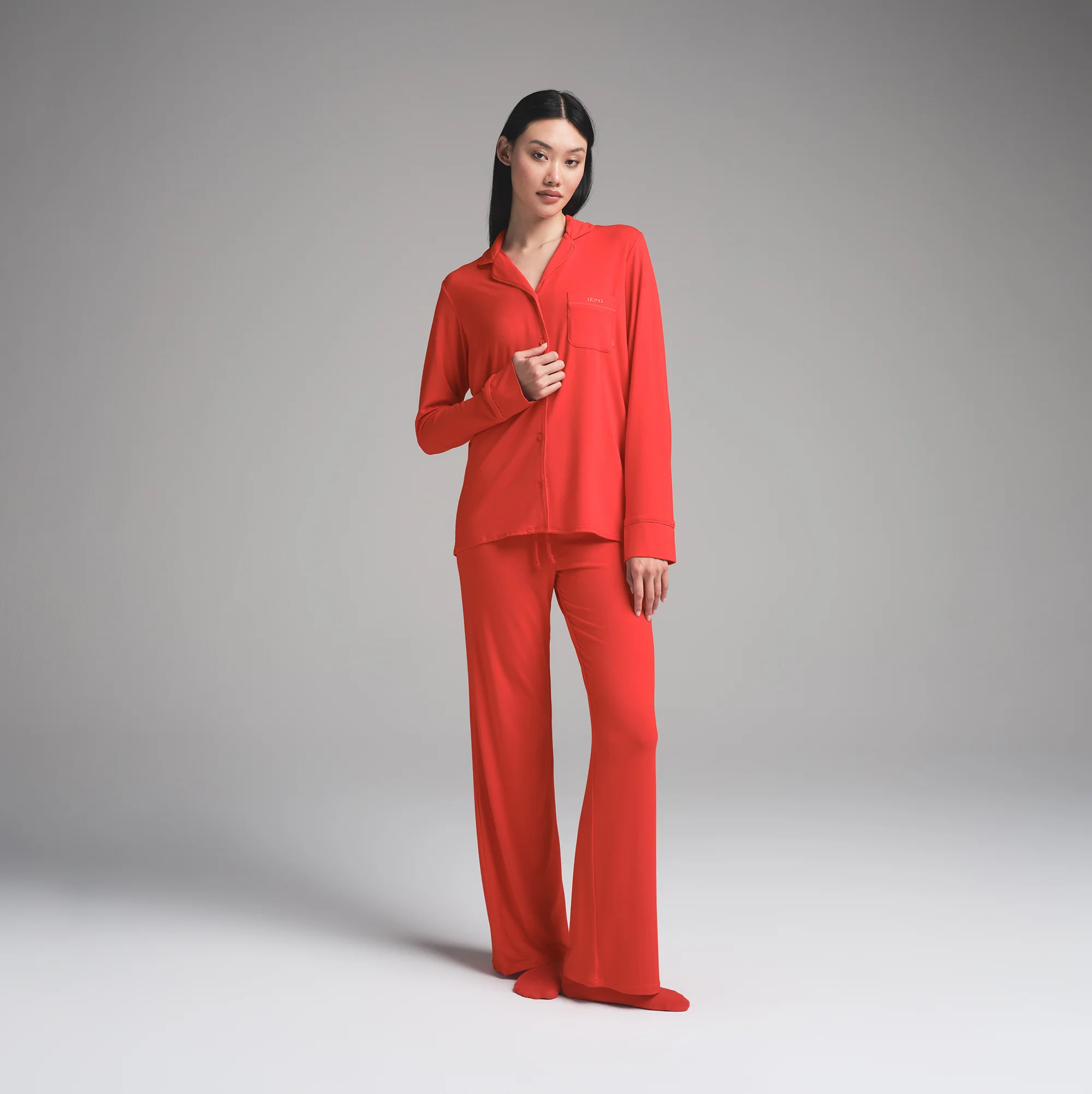 SKIMS Sleep Long Sleeve Button Up Set | Red | Medium | SKIMS (US)