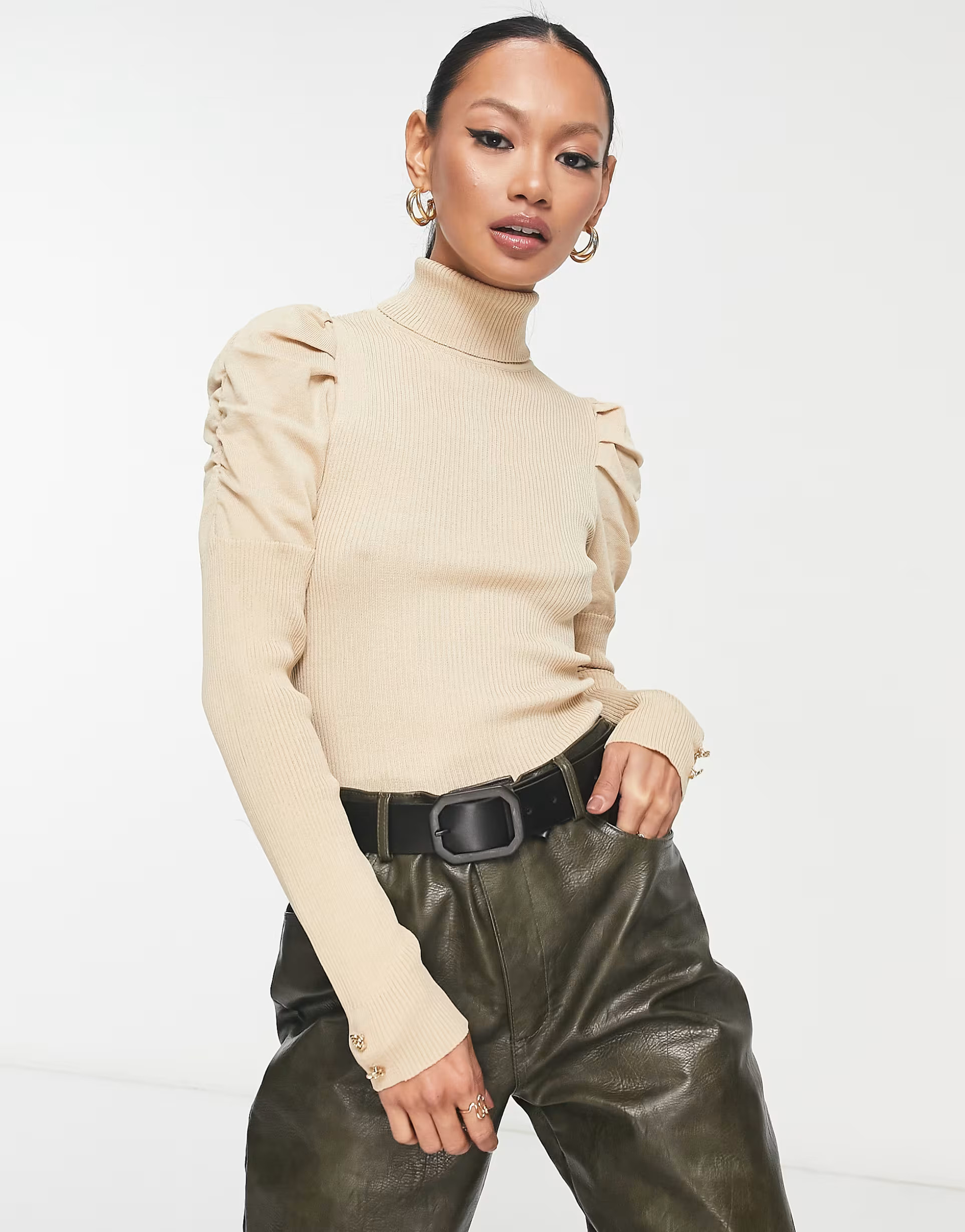 River Island puff sleeve knitted top in beige | ASOS (Global)