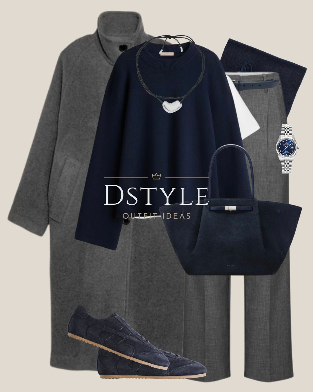 The Ultimate Navy and Grey Power Duo 💙🩶 This combination is instantly sophisticated and perfect for a polished office or smart-casual setting. I love how the rich navy sweater contrasts with the charcoal wide-leg trousers. The sleek suede tote bag and minimalist necklace keep the look refined. Shop this effortless winter formula below. 

 #navysweater #greyoutfit #businesscasual #winterworkwear #navyandgrey #suedebag #widelegpants #minimaliststyle #officeootd #LTKootd #LTKFindsUnder50 #LTKWorkwear