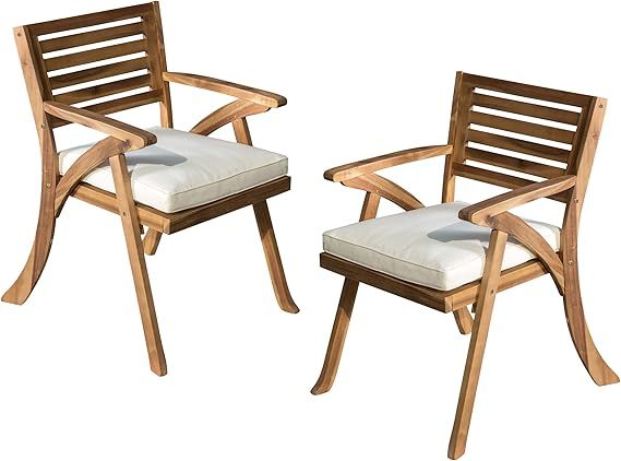 Christopher Knight Home Hermosa Outdoor Acacia Wood Arm Chairs, 2-Pcs Set, Teak Finish / Cream | Amazon (US)