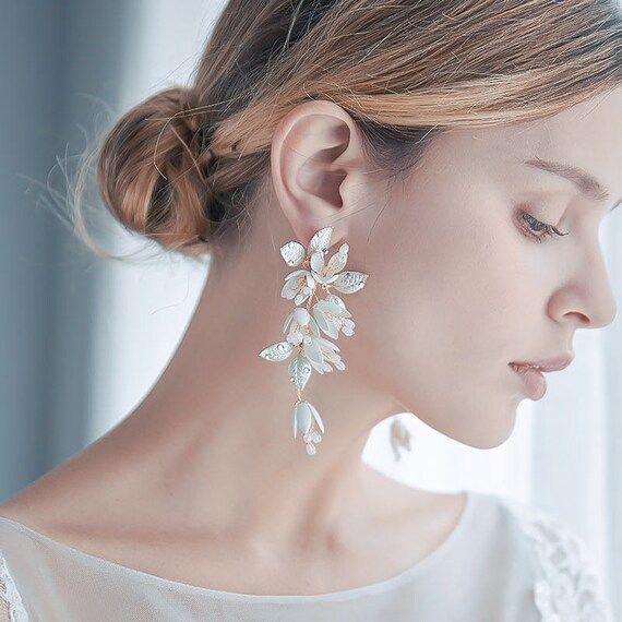 WATERLILY // Flower Wedding Earrings, Long floral Bride Earrings, Bridal Statement Earrings, Wedd... | Etsy (US)