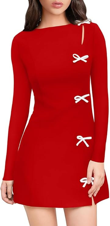 XXTAXN Women's Fall Long Sleeves Boat Neck Elegant Bow Y2k A Line Mini Dress | Amazon (US)