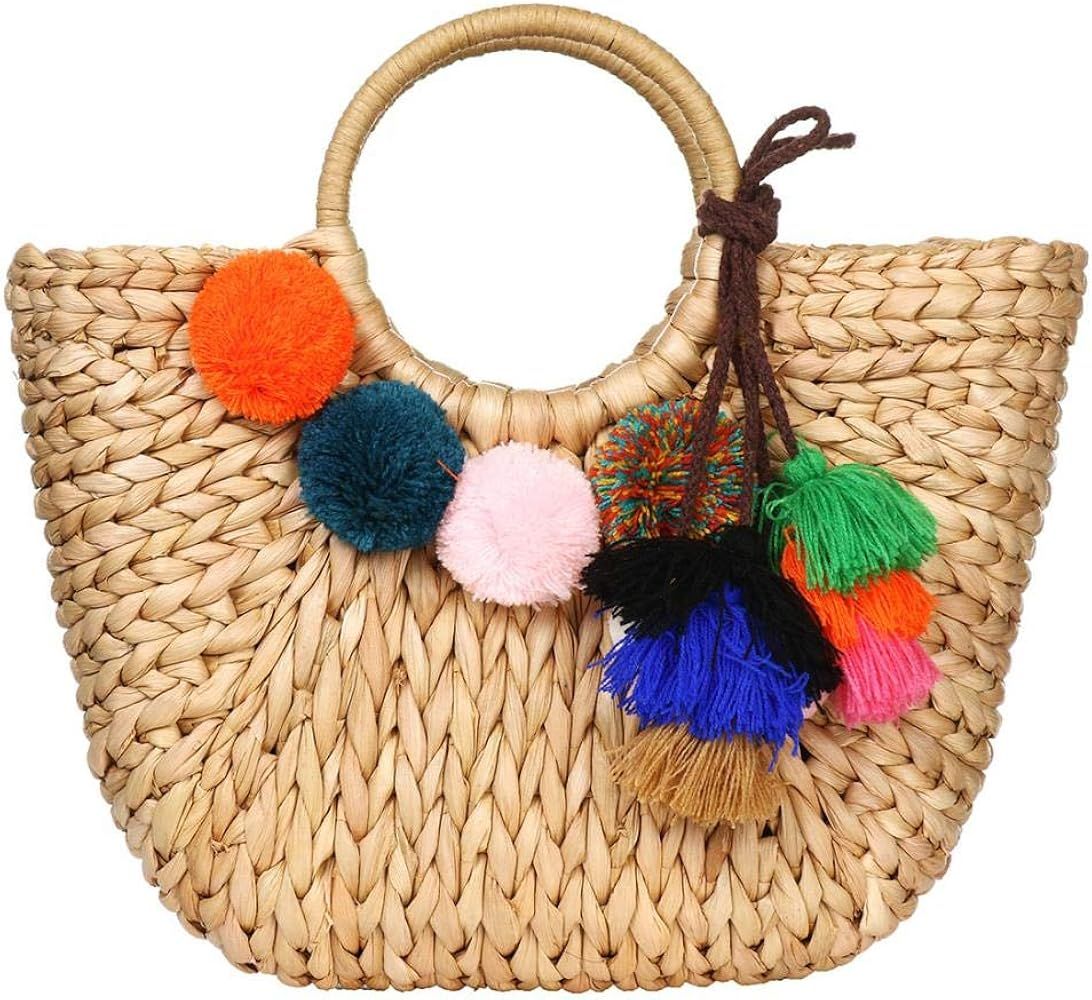 Summer Rattan Bag for Women Straw Hand-woven Top-handle Handbag Beach Sea Straw Rattan Tote Clutch B | Amazon (US)