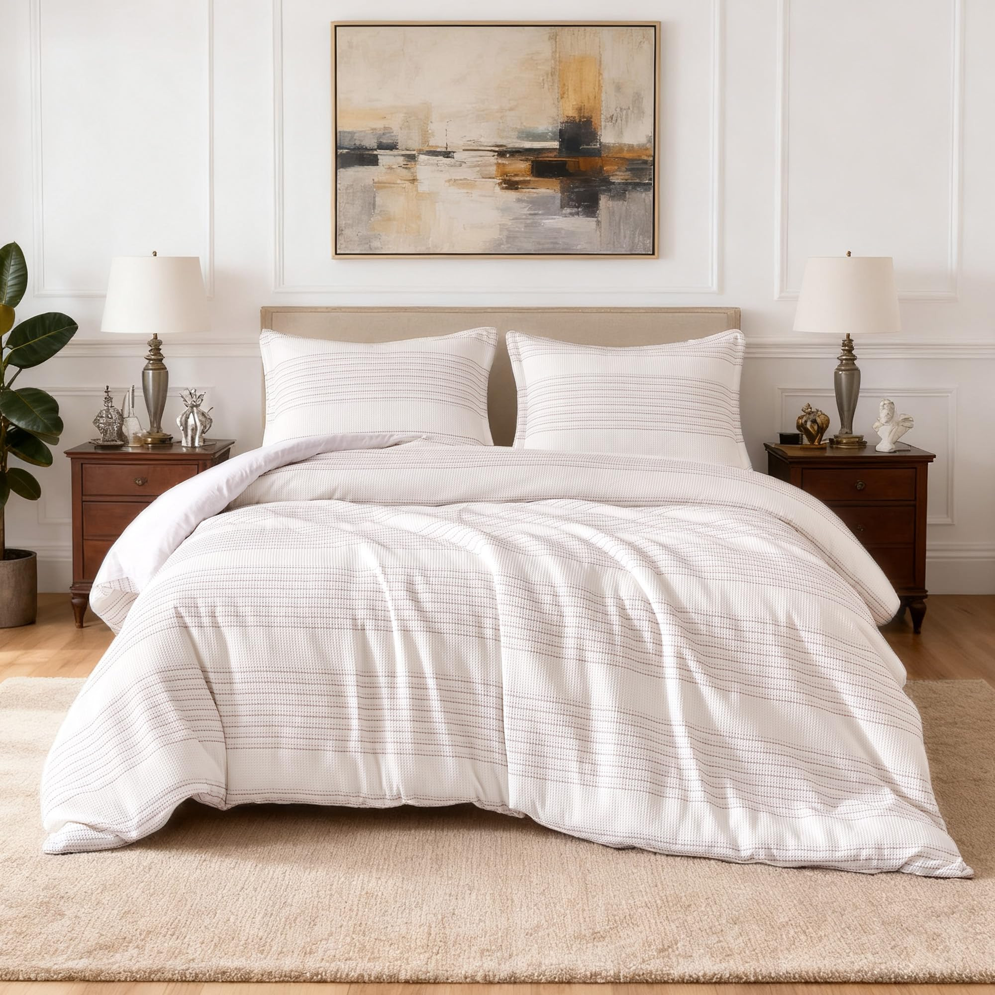 Amazon Basics Duvet Cover Waffle Weave Microfiber 3-Piece Cotton-Like Soft Bedding Set, with 1 Duvet Cover with Zipper and 2 Pillow Shams, Comforter Not Included, King, Pink Striped | Amazon (US)
