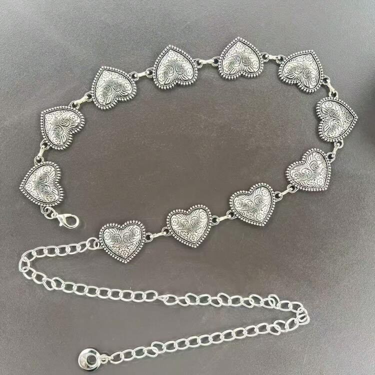 Vintage Carved Floral Pattern Heart-Shaped Distressed Gold-Tone Metal Tassel Waist Chain, Bohemian Style Zinc Alloy Heart Waist Belt For Women, Suitable For Daily, Party, Date, Wedding, Spring/Summer/Autumn/Winter | SHEIN