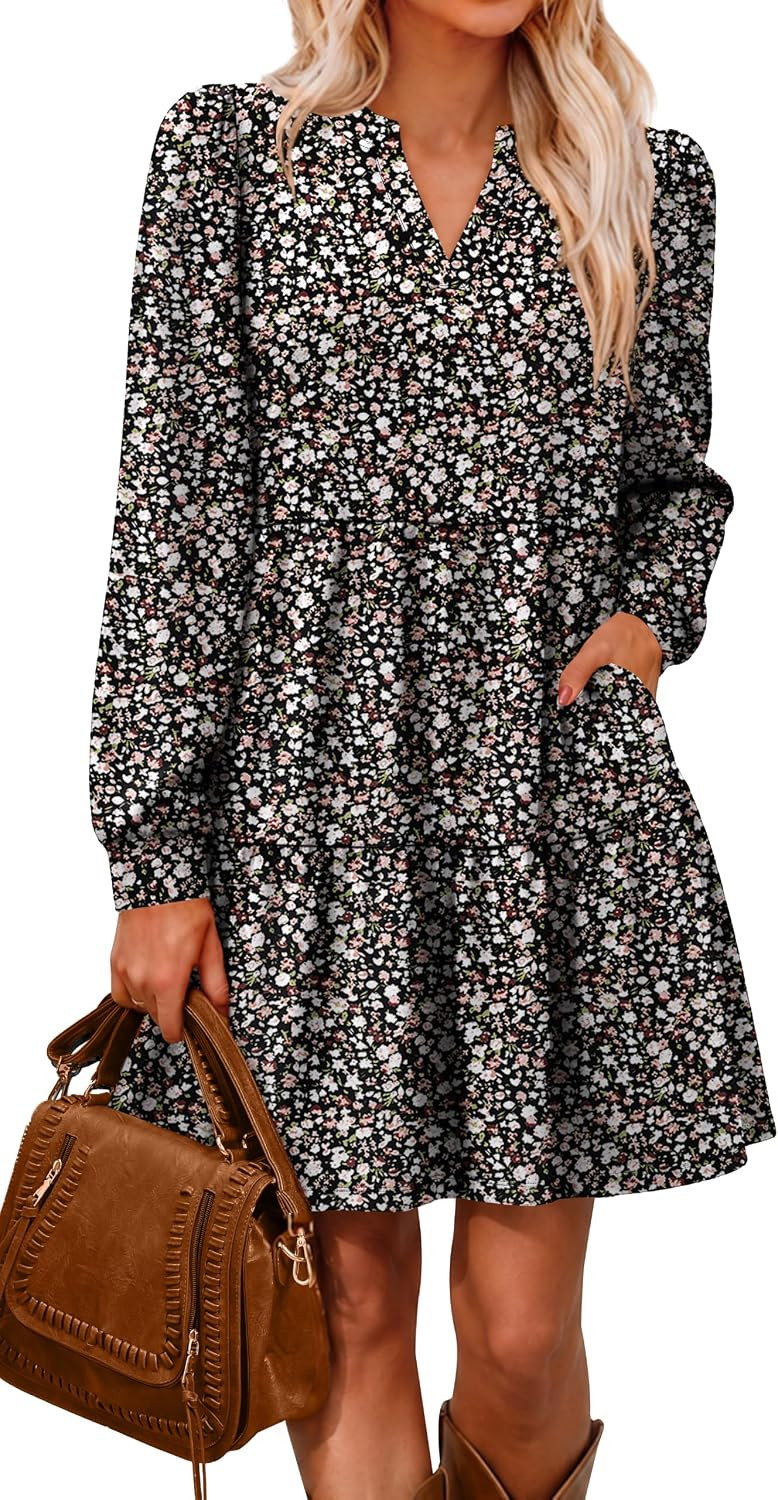 OFEEFAN Fall Dresses for Women V Neck Long Sleeve Tiered Dress with Pockets | Amazon (US)