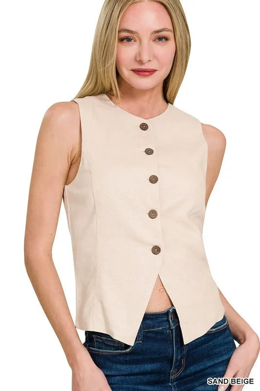 Zenana Linen Button Down Vest SAND BEIGE / M | Casual Chic Boutique