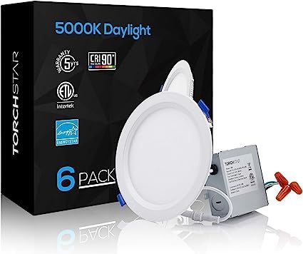 TORCHSTAR 6 Inch Slim Recessed Lighting with Junction Box, Eye-Caring, CRI 90+, Dimmable 12W 100W... | Amazon (US)