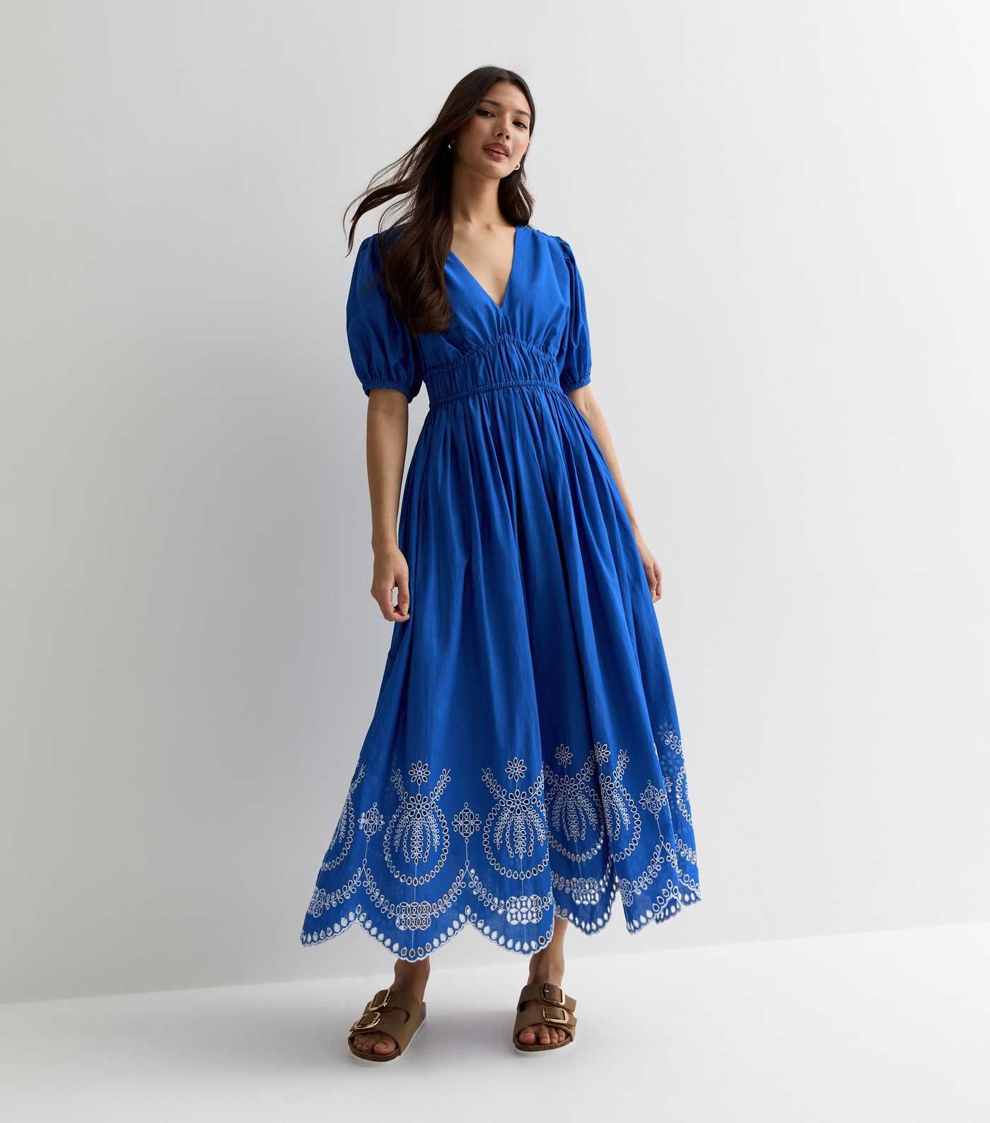 Bright Blue Cotton Broderie Hem Midi Dress
						
						Add to Saved Items
						Remove from Save... | New Look (UK)